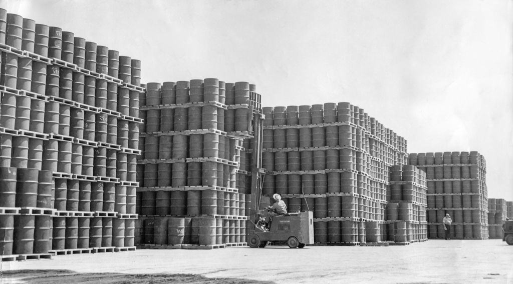 Stacks of oil barrels palletized at the Naval Supply Depot in Oakland, 1943.