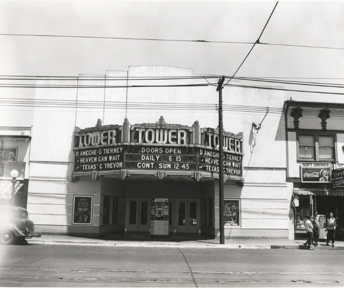 Exterior of Tower Theatre at 5110 Telegraph Avenue in Oakland, California, 1940s