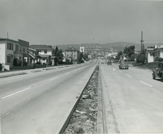 Park Boulevard near Beaumont Avenue looking east toward the hills, 1940s