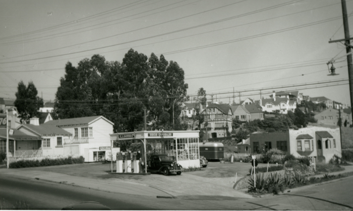 C.J. Bowers Union Oil service station, possibly at 3761 Park Boulevard, 1940s