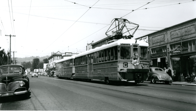 Key System "C" line streetcar on Piedmont Avenue near Ridgeway Avenue, 1940s