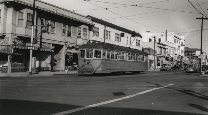 Key System streetcar #359 heading south into the Rockridge district along College, 1940s