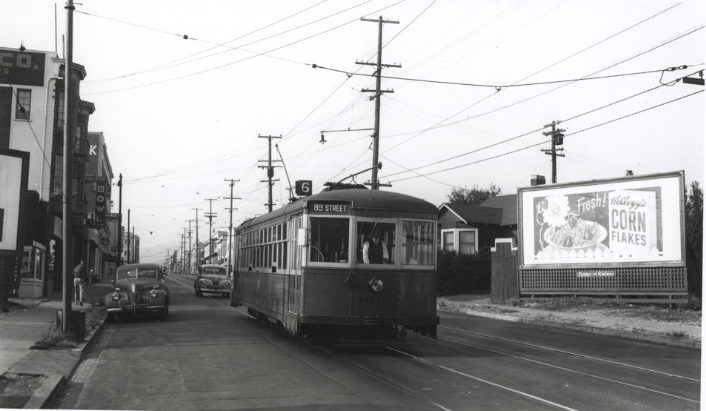 Key Streetcar #993 heading south College Avenue between Hudson Street and Lawton, 1940s