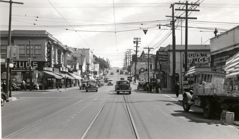 Hopkins Street/US Route 50 (later MacArthur Boulevard) looking east towards intersection, 1940s