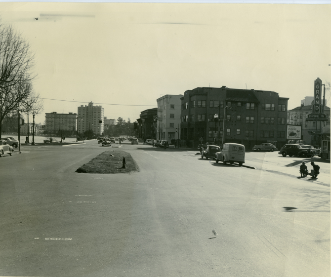 Harrison Street at Grand Avenue in the Adams Point district of Oakland, 1940s