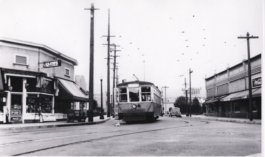 Electric streetcar heading south on 38th Avenue at Allendale Avenue, 1940s
