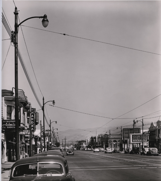 Temescal Avenue looking north from around 47th Street in the Temescal district, 1940s
