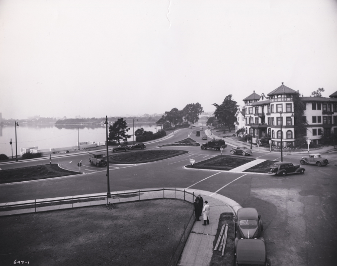 Newly completed channelization islands ease the flow of traffic at East 18th, 1940s