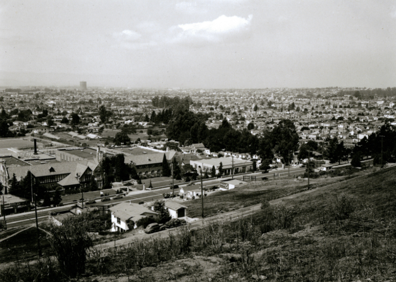 Castlemont High School and East Oakland looking west from an adjacent hill, 1940s