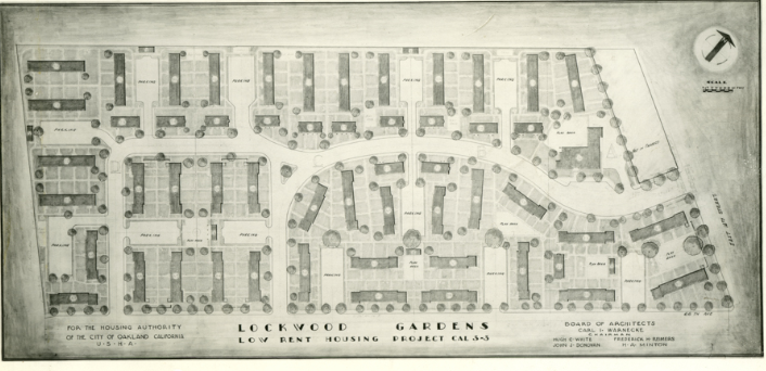Architectural drawing showing the planned layout of the Lockwood Gardens public housing, 1940s
