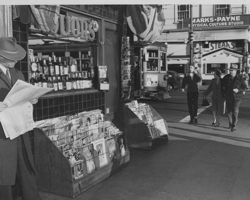 Downtown Oakland, c.1945, on the corner of 14th and Webster Streets, 1940s