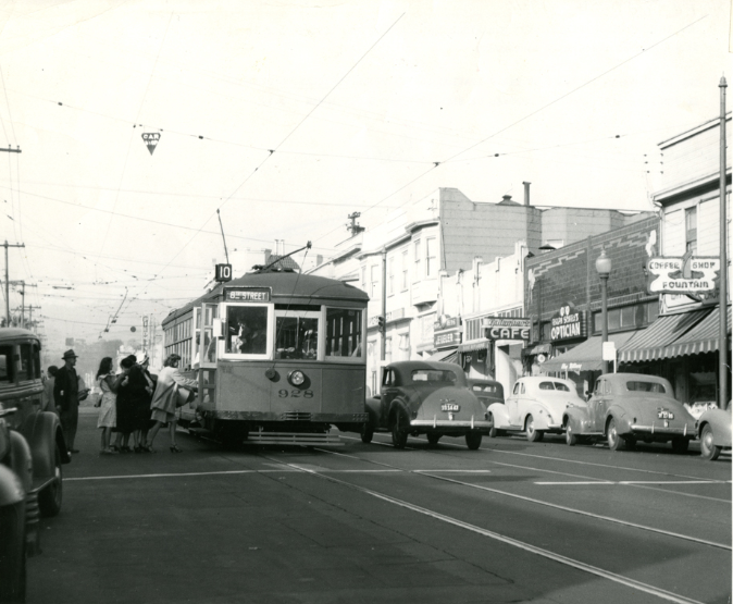 Passengers boarding the Key System number 10 streetcar on Piedmont Avenue, 1940s