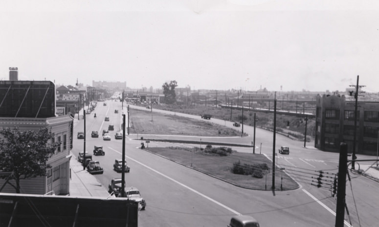 Looking east along East 12th Street at 14th Avenue in the Clinton, 1940s