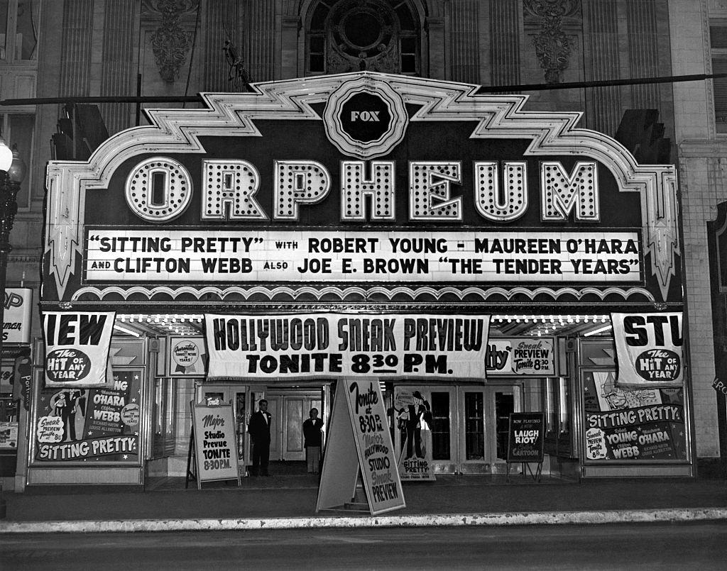 The Fox Orpheum Theater in Oakland featuring a sneak preview of 'Sitting Pretty' and 'The Tender Years,' Oakland, 1948.