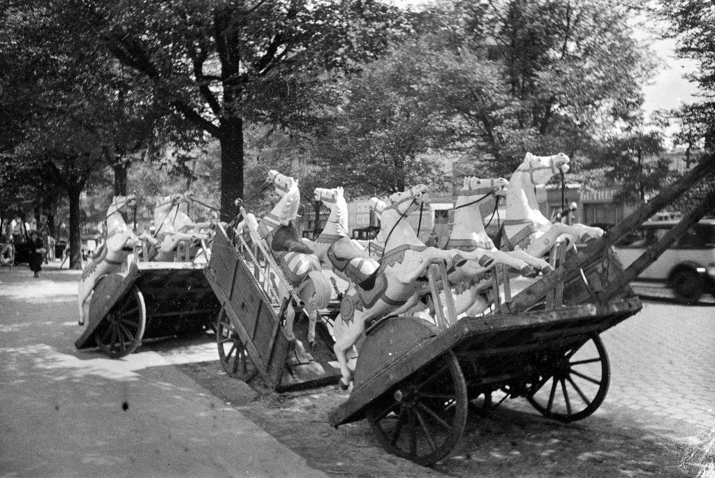 Wooden horses on a handcart, 1935.