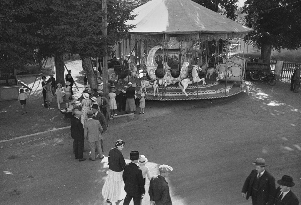 Fairground attraction in a village, 1935.
