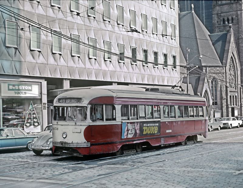 A #49 Beltzhoover car on Grant St. at 6th Ave. in downtown Pittsburgh, PA on June 27, 1965