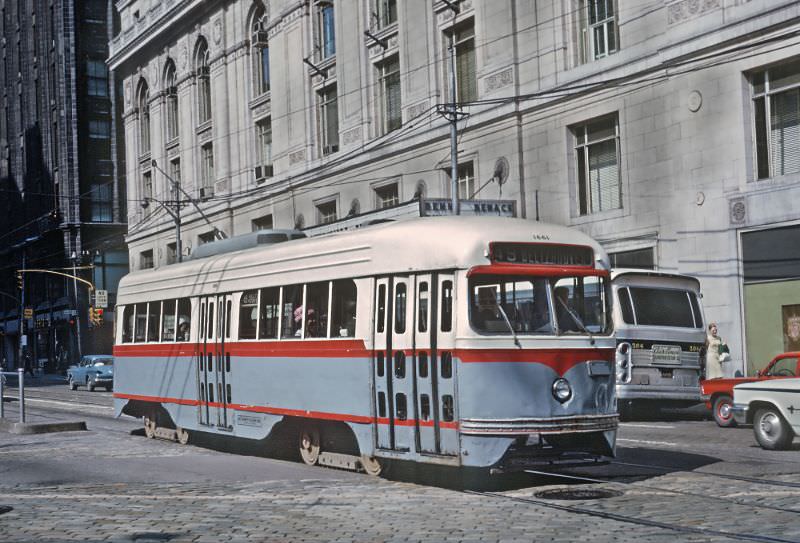 A #50 Carson St. car at the P&LE transfer near the Smithfiel St. bridge in Pittsburgh, PA September 1, 1965