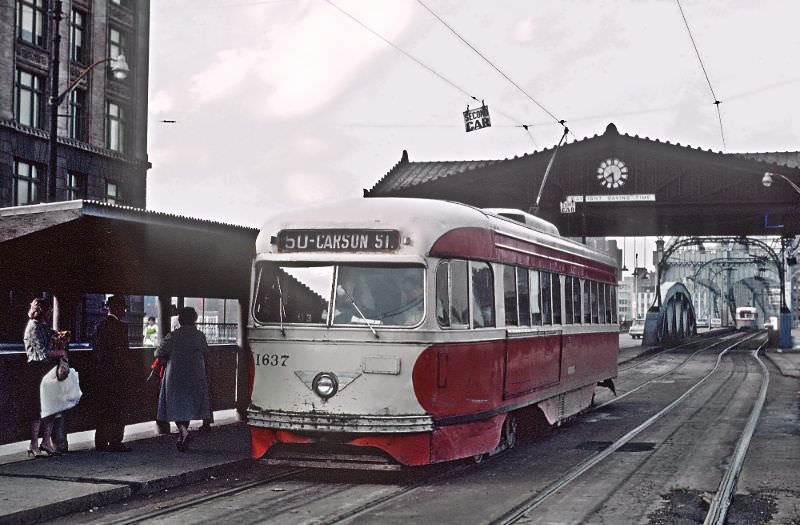 A #50 Carson St. car on Grant St. at 6th Ave. in Downtown Pittsburgh, PA on June 27, 1965