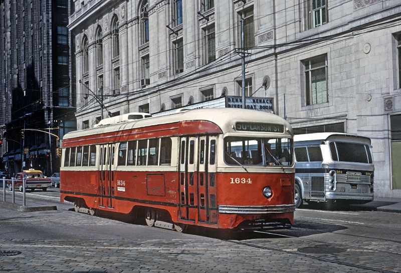 A #50 Carson St. car on Grant St. between 3rd and 4th Avenues in downtown Pittsburgh, PA on June 27, 1965