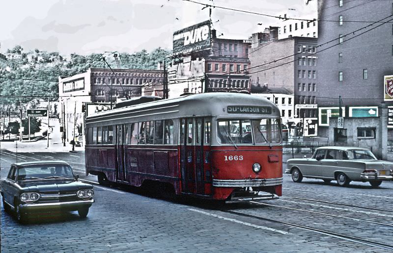 A #53 Carrick car on Brownsville Rd. about to enter the Brentwood loop, Pittsburgh, PA on September 1, 1965