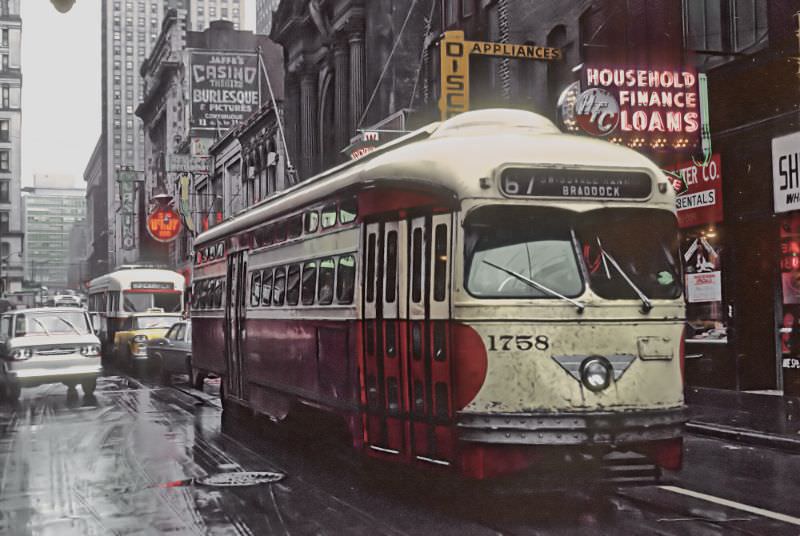 A #67 Swissdale-Rankin-Braddock car on Wood St. near 4th Ave. in downtown Pittsburgh, PA. on June 26, 1965