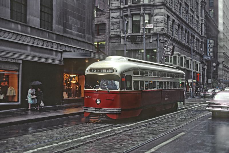 A #73 Highland car on 6th Ave. beyond Smithfield St. in downtown Pittsburgh, PA on September 1, 1965