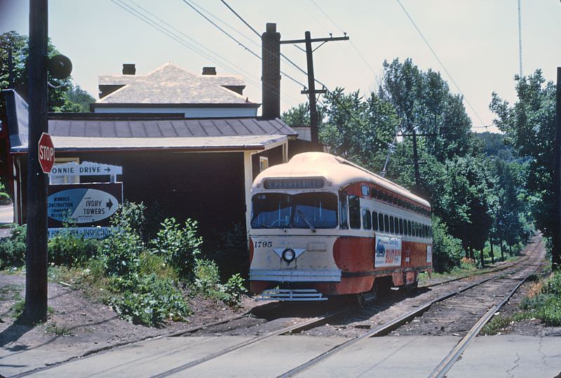 A #8 Perryville approaching the Keating Car House, Pittsburgh, PA on June 26, 1965