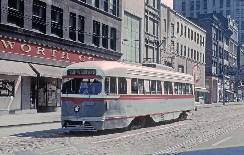 A #73 Highland car on Liberty Ave past Barker Pl. in downtown Pittsburgh, PA on June 27, 1965