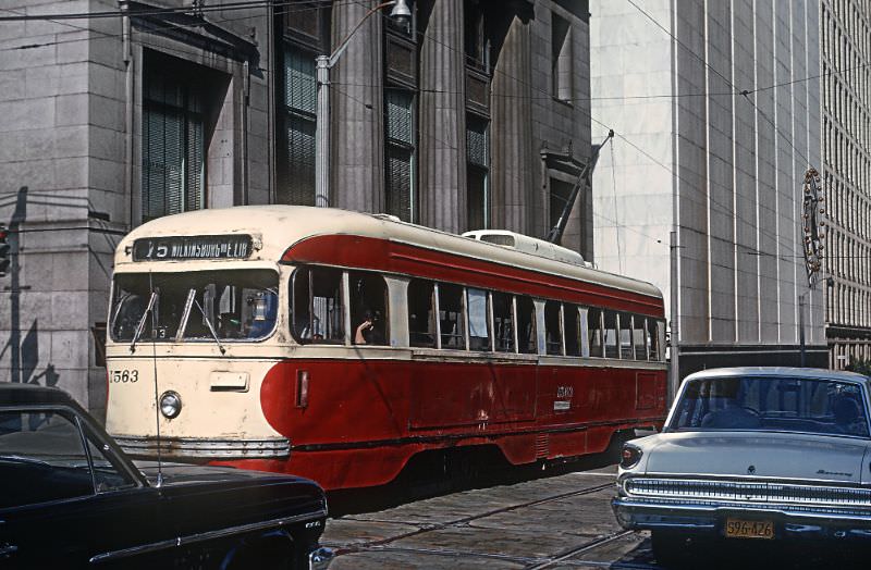 A #75 Wilkensburg via East Liberty car on 4th Ave. crossing Hrant St. in downtown Pittsburgh, PA on June 27, 1965