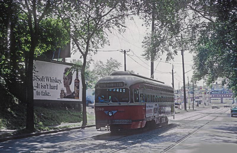A #76 Hamilton car on Hamilton Ave. near 5th Ave. in Pittsburgh, PA on June 26, 1965