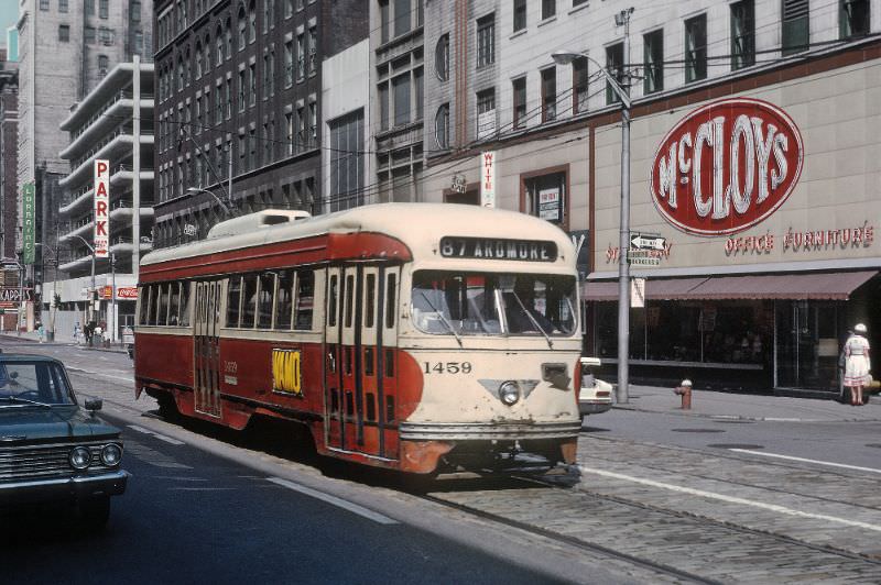 A #87 Ardmore car on Liberty Ave. at Barker Place in downtown Pittsburgh, PA on June 27, 1965