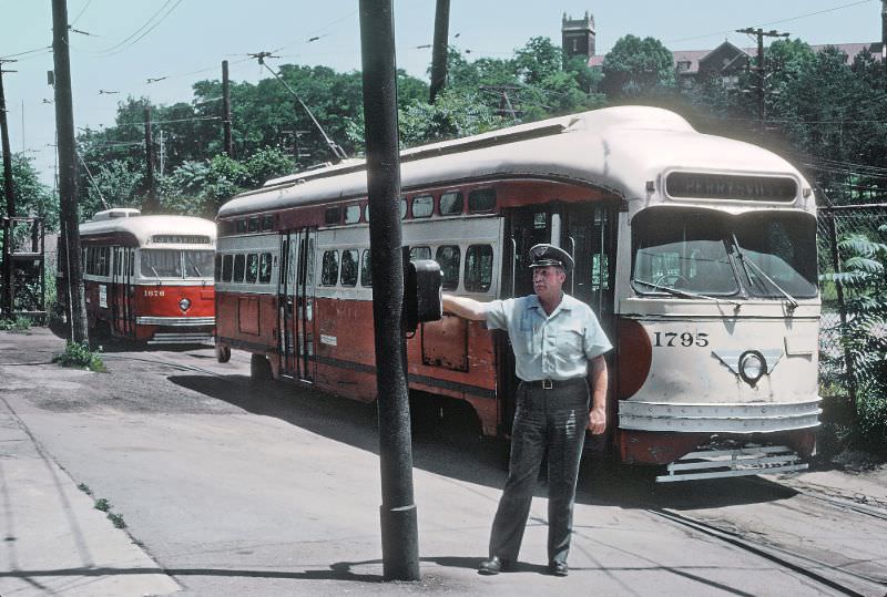 A 8 Perrysville car waits to lrave Keating Car House as motorman calls dispatcher, Pittsburgh, PA on June 26, 1965