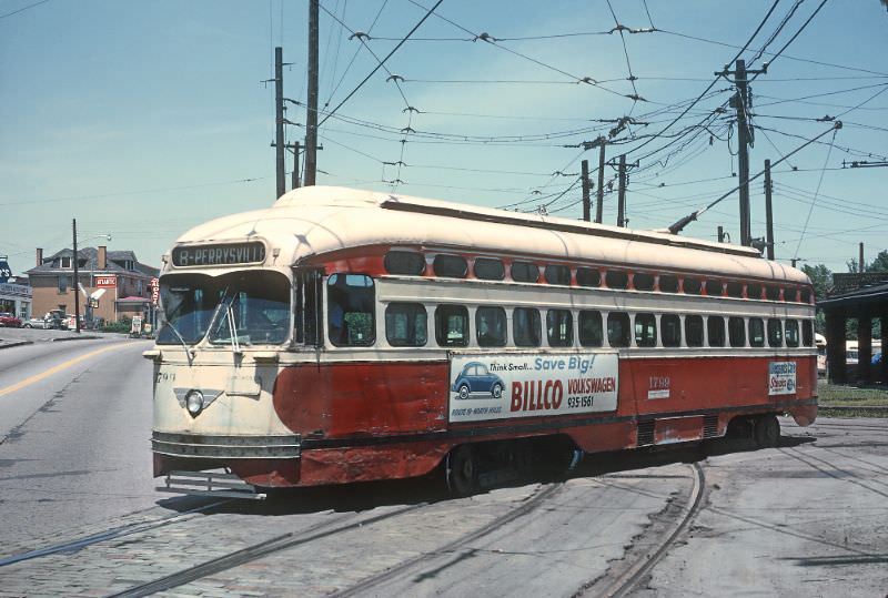 A #8 Perryville leaving the Keating Car House, Pittsburgh, Pa on June 26, 1965