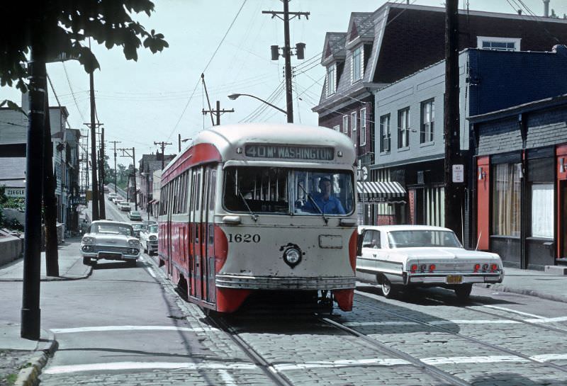 A Mt. Washington car on Grandview Ave. crossing Cohasset Ave. in Pittsburgh, PA (Dusquene Heights) on June 26, 1965