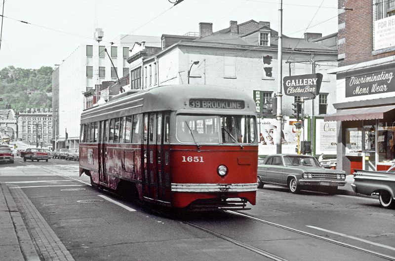 A #39 Brookline car on Smithfield St. between 1st Ave. and Blvd. of the Allies in downtown Pittsburgh, PA on June 27, 1965