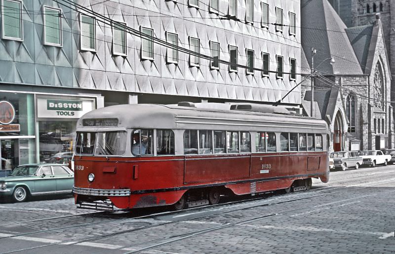 A #42-38 Mt. Lebanon-Beachview (Dormont) car on Grant St. at 6th Ave. in downtown Pittsburgh, PA on June 27, 1965