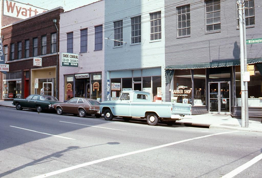 East side of the 400 block of Davie Street, Raleigh, 1970s