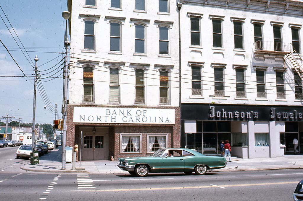 Bank of North Carolina and Johnson's Jewelers at the corner of Fayetteville and Martin Streets, Raleigh, 1970s