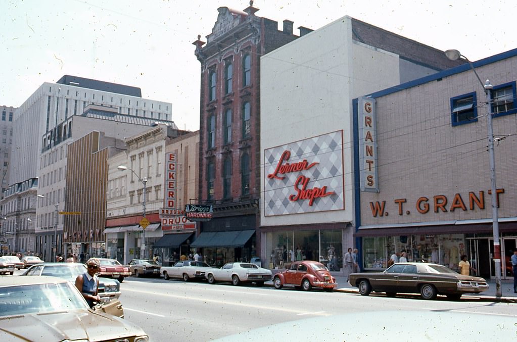 West side of the 200 block of Fayetteville Street in Raleigh. Briggs Hardware Building is seen among others, 1970s