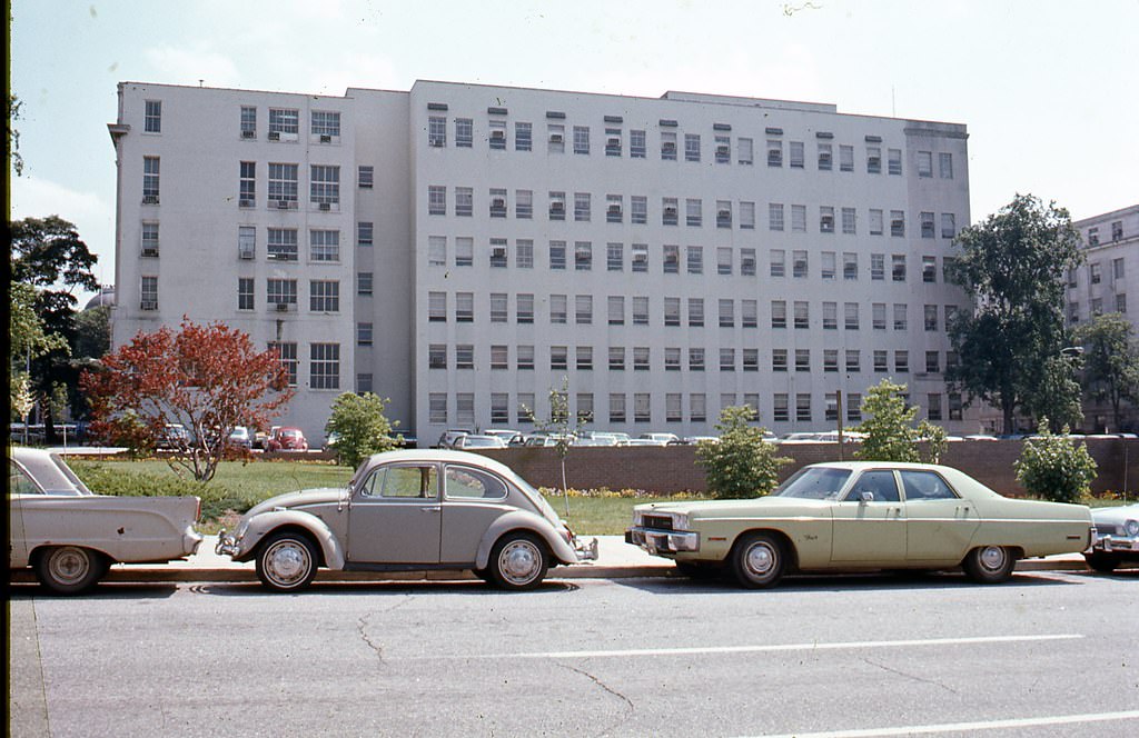 Jones Street, Raleigh, looking south toward Agriculture Building, Education Building is also seen on far righ, 1970s