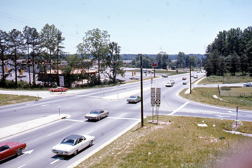 View from Raleigh Beltline overpass looking south down Wake Forest Road toward Holly Park Shopping Center, 1970s