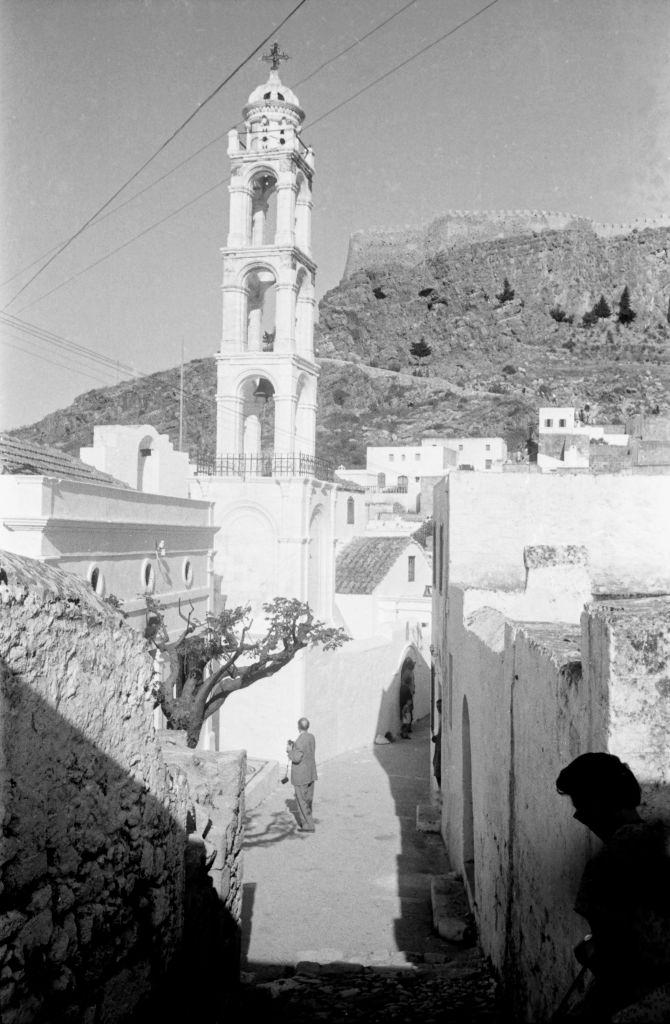 The steeple of the Panagia Church on Rhodes, Greece, 1950s.
