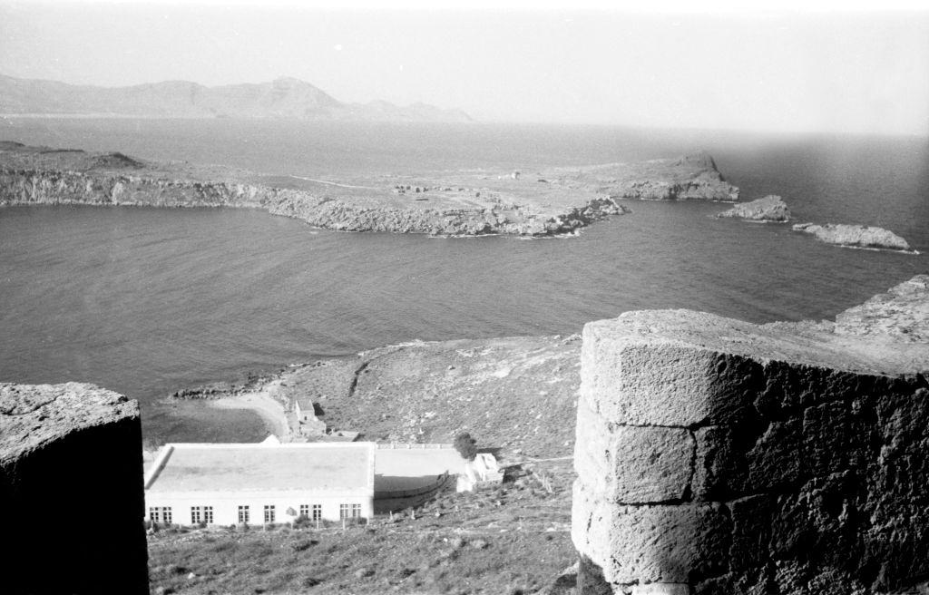 View of the sea from the island of Rhodes, Greece, 1950s.