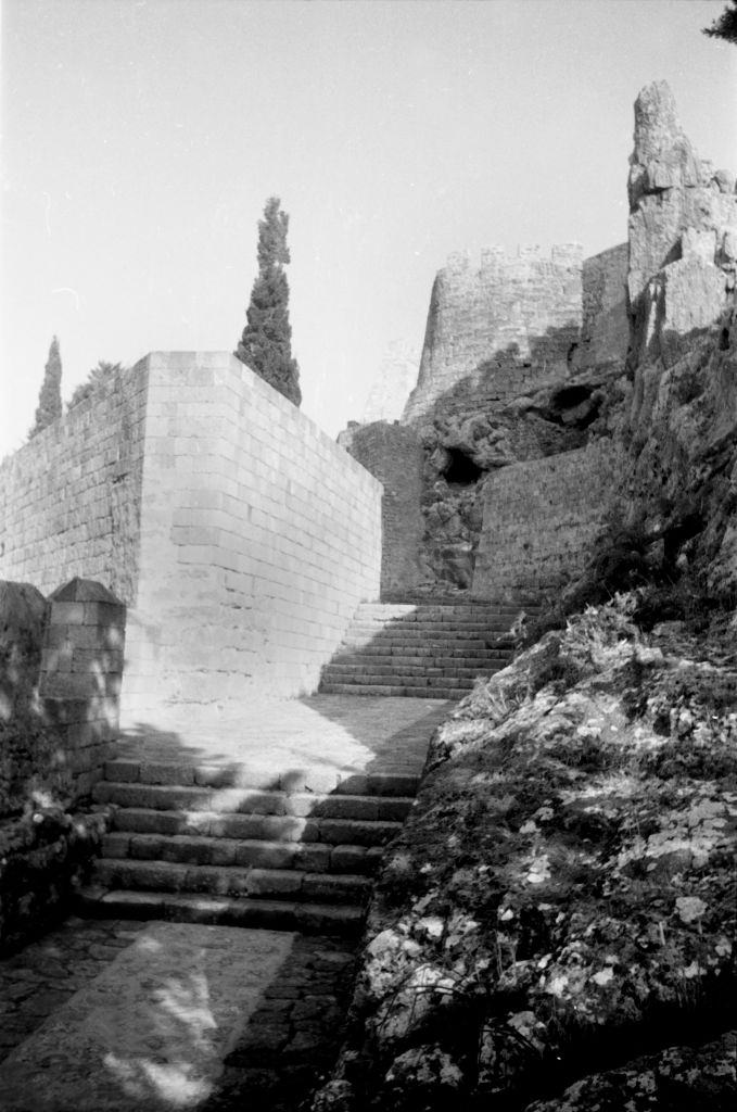Ascent to the castle complex in the town of Lindos on Rhodes, Greece, 1950s.