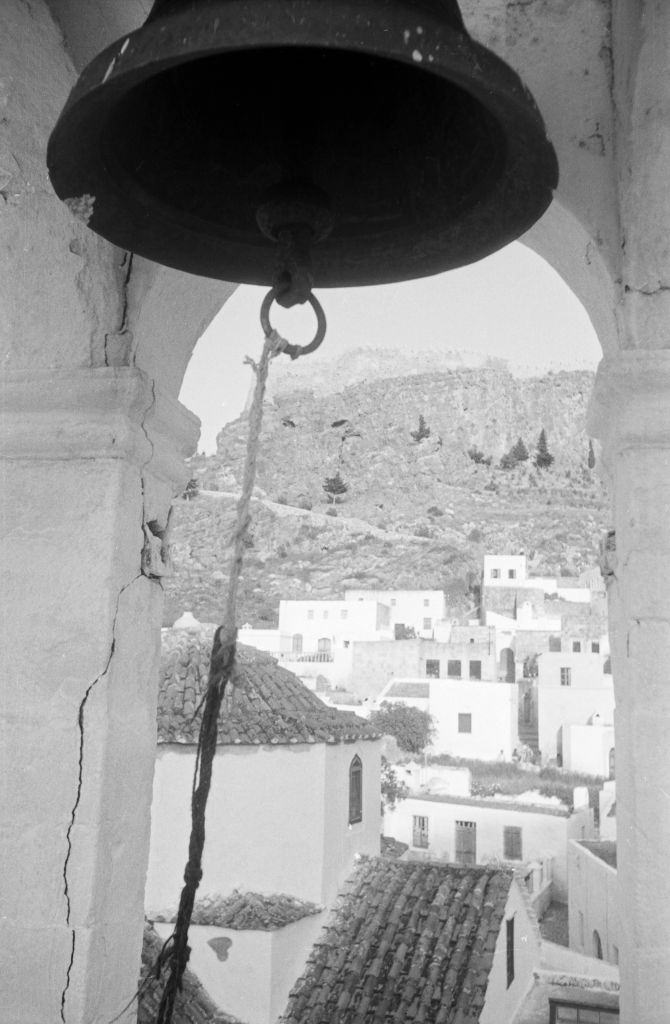 Bell in the steeple of Panagia Church on Rhodes, Greece, 1950s.