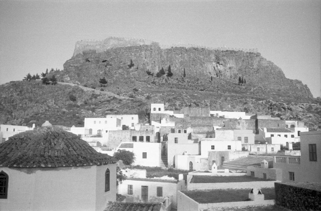 The Acropolis above Lindos on Rhodes, Greece, 1950s.