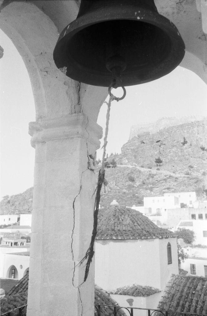 Bell in the steeple of Panagia Church on Rhodes, Greece, 1950s.