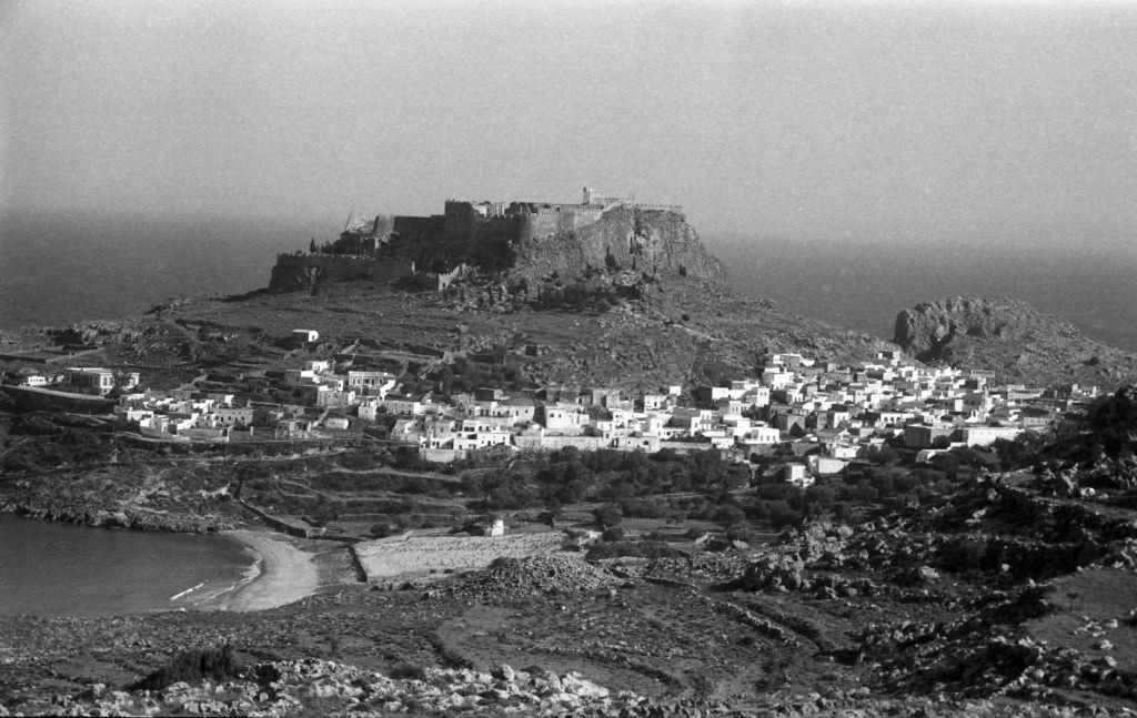 View of the small town of Lindos with its Acropolis on Rhodes, Greece, 1950s.