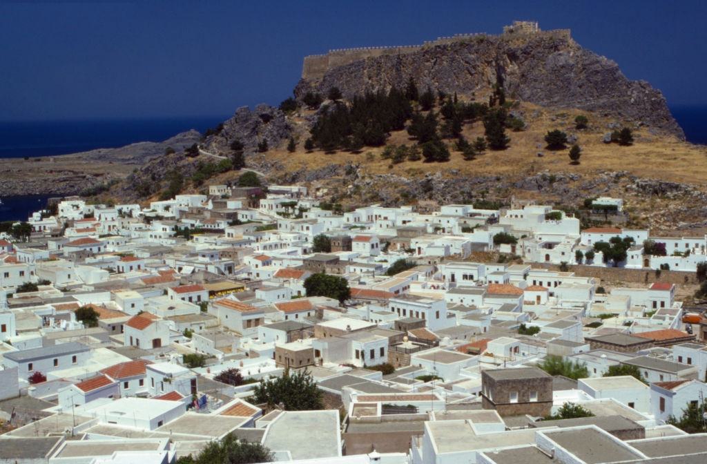 View of the town of Lindos, 1988.